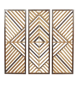 Decoración de pared de madera con diseño geométrico de listones, juego de 3, 12 pulgadas de ancho, 35 pulgadas de alto, marrón, arte de pared de madera hecha a mano en Sheesham. - Product Image 1