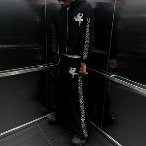 <b>Y2K</b> Black Rhinestone PunkHearts Tracksuit Set With <b>Zip</b> <b>Up</b> <b>Hoodie</b> And Matching Wide Leg Flare Sweatpants Streetwear Fashion - Product Image 4