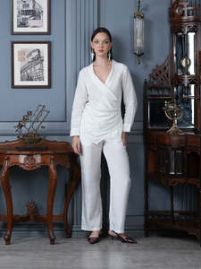 Juego de dos piezas de trabajo estampado liso para uso diario a granel a buen precio Conjunto informal diario hecho a mano blanco Seda pura personalizada - Product Image 2