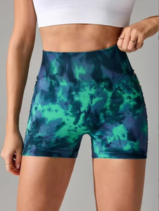 Pantalones cortos deportivos Tie-Dye para mujer Pantalones cortos de Yoga de tres cuartos para levantamiento de cadera de malla hueca - Product Image 3
