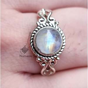 Rainbow Moonstone Sterling Silver <b>Ring</b> Handmade <b>Boho</b> Natural Gemstone Fine Jewelry Set Women's 9mm Bezel Setting Birthday - Product Image 5