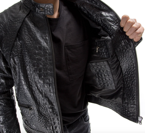 Veste en cuir de python noir haut de gamme, veste de motard en cuir de serpent texturé, col mandarin, fermeture éclair intégrale, design à panneaux, pour homme - Product Image 5