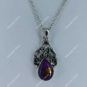 925 <b>Sterling</b> <b>Silver</b> Turquoise <b>Necklace</b> with Handmade Pendant Purple Copper Pear Shape <b>Locket</b> Fine Pendants & Charms Gift - Product Image 6