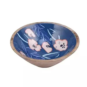 Flowers Designs Sticker Enamel Print Wooden Bowls With Natural Material Wooden Soup Bowl Multiple Finishing And Shaped Design