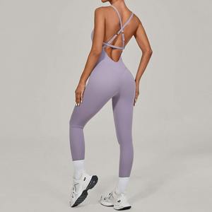 Custom Logo Non-adjusted Cross Straps Backless Full Length Gym Jumpsuit Sleeveless Workout <b>Romper</b> Pilates Yoga Bodysuit for - Product Image 2