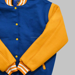 Chaqueta universitaria Letterman personalizada unisex lana Melton azul y amarilla con procesamiento recubierto de cuello levantado de cuero genuino - Product Image 3