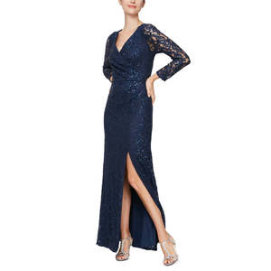 Abito da donna Alex Eve blu con paillettes, vita arricciata, silhouette a tubino, lunghezza al pavimento, scollo a cuore, perle, fiori, piume, taglia 10 - Product Image 1