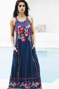 Vestido largo bordado de manga larga para mujer, ropa Sexy de estilo Vintage con flores, azul, mexicana, 2022 - Product Image 4