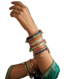 Handmade Women Rainbow Colour Bridal Kasmiri Churiyan <b>Bangles</b> Pearl Trendy Geometric Design Customizable Colors Sizes Velvet - Product Image 1