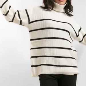 Pull col V en coton à col haut fille pull côtelé en coton tricoté chandails pour femmes - Product Image 2