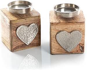 Porte-bougies tendance en bois, cadeau pour la Saint-Valentin, anniversaire, mariage, métal argenté, 10 x 10 cm, deux cœurs - Product Image 2