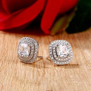 Jeulia Double Halo Cushion Cut Moissanite Sterling <b>Silver</b> <b>Stud</b> Earrings - Product Image 6