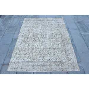 Vintage Rug, 4.3x6.1 ft Area Rug, <b>Brown</b> White <b>Wool</b> Rug - Product Image 1