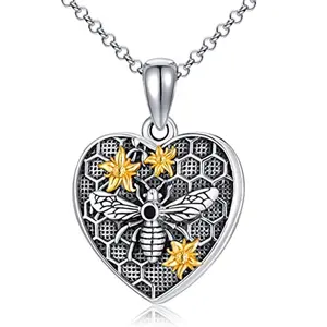 Customized Jewelry 925 Sterling Silver Vintage Heart Shape Bee Flower Photo Lock Pendant Necklace