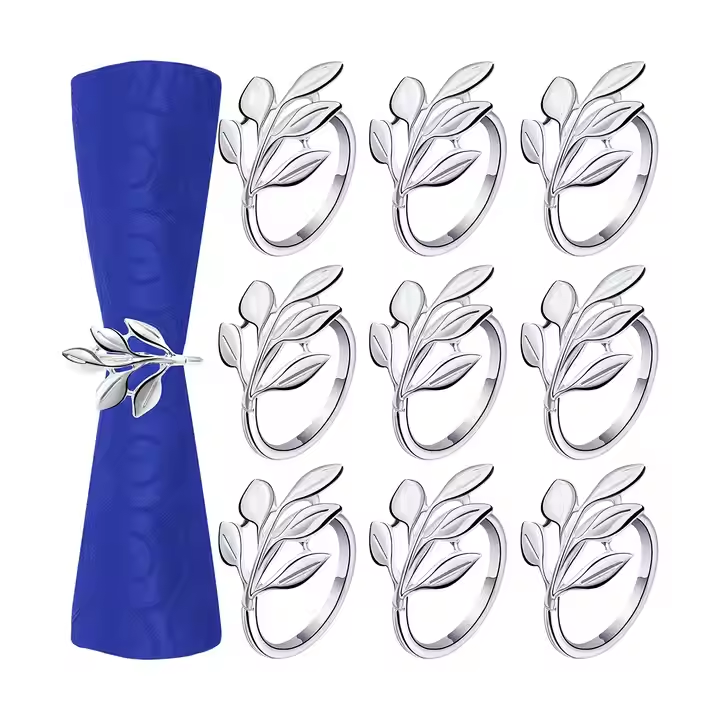 Gifted metal napkin rings, set of 9 silver-plated uniquely handcrafted with a leaf structure perfect for dining table decoration