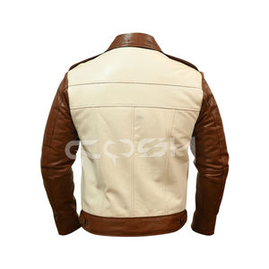 Veste en cuir unisexe de style rétro marron et beige, couleur contrastée, streetwear tendance, vêtement d'extérieur avec fermeture à boutons - Product Image 6