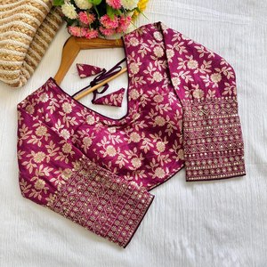 Dhola Silk Embroidery V-neck Long Sleeve Blouse Ethnic Latest Exclusive Fancy Sequence Zari Work Anti-Wrinkle Readymade Trendy - Product Image 1