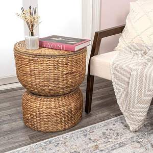 <b>Hourglass</b> Handwoven Hyacinth Storage Accent Table with Lid for Storage and Decoration - Product Image 1