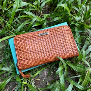 Premium Quality Tan Portofino Genuine Leather Handwoven RFID Protected Women's Clutch with Zipper Closure