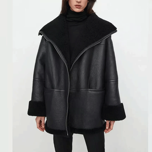 แจ็กเก็ตหนังแท้สีดำมีซิปรูดขึ้นเสื้อโค้ทขนแกะเสื้อแจ็คเก็ตบอมเบอร์สตรีทแวร์ทันสมัย - Product Image 1