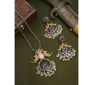 Multi Color Beautiful Peacock Design Dual Tone Long Chain Custom Made Necklace <b>Set</b> with <b>Earrings</b> Trendy Look Silver <b>Gold</b> Plated - Product Image 1