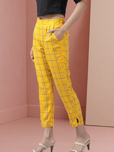Soft Comfortable Womens Yellow Rayon Checks Printed <b>Trouser</b> <b>Pants</b> Designed In Regular Fit For Casual Office Travel & Daily Wear - Product Image 4