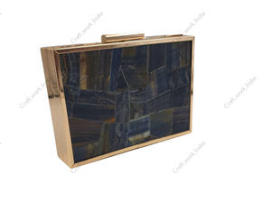 Bolso de Mano Tipo Clutch con Paneles de Piedras Preciosas de Ojo de Tigre Azul Natural, con Marco Dorado, Hecho a Mano, de Lujo, para Mujer, para Fiestas, Bodas - Product Image 3