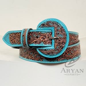 Venta al por mayor de fábrica, cinturón de hebillas redondeadas anchas de cuero mecanizado a mano para mujeres, cómodos cinturones occidentales con relieve floral Turquesa - Product Image 1