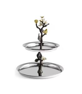 Soporte decorativo para pasteles de boda y fiestas de 2 niveles, soporte para servir pasteles moderno personalizado de Metal, plateado y dorado - Product Image 1