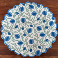 Sets de table ronds en coton 100% imprimés à la main avec des motifs floraux bleus, style classique, réutilisables, décoration de table, Inde