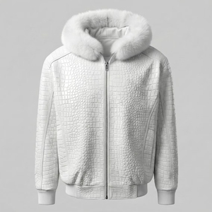 Chaqueta Bomber de Cuero Blanco con Textura Repujada de Cocodrilo Hecha a Mano, Prenda Exterior de Lujo para Hombre con Capucha de Piel Blanca - Product Image 1