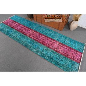 Alfombra Turca de 2.8x8.2 pies, Alfombra de Lana Sólida Vintage Azul Rosa - Product Image 4