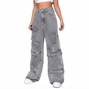 Vaqueros Cargo Rectos Grises de Cintura Media, Rotos, de Mezclilla Sólida, Ajuste Regular, Estilo Urbano para Mujer, Novedad 2026 - Product Image 1