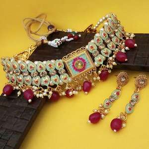 Kriaa meenakari สีชมพูและเขียวกับชุดสร้อยคอหินออสเตรีย1113811ชุบทอง - Product Image 1