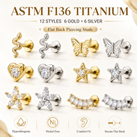 Vente en gros de bijoux de piercing en titane de qualité implant ASTM F136, clou labret à filetage interne pour tragus, cartilage, hélix, avec zircon
