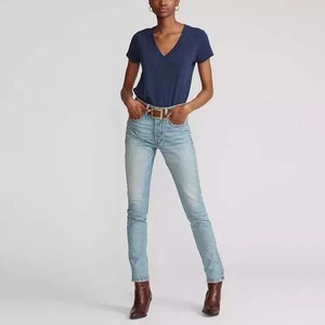 Camisetas personalizadas con cuello en V 2025, camisas lisas de algodón y poliéster, Color azul marino, camiseta bordada con estampado de logotipo personalizado para mujer - Product Image 3