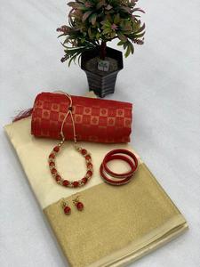 Tusser Silk y Bavanchi Border Jacquard Blusa con joyería Sari Set Ropa de fiesta formal para mujer - Product Image 3