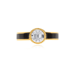 Anillo de Diamantes Halo de Lujo en Oro Amarillo de 18K con Banda de Esmalte Negro y Diamantes Redondos y Baguette para Mujer - Product Image 3