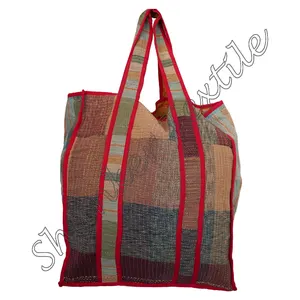 Bolsa de ombro feminina vintage Kantha artesanal, bolsa de algodão para compras à noite, bolsa de mão para bagagem
