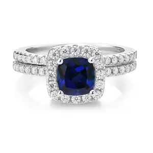 White Gold Blue Created Sapphire and Moissanite Wedding Ring Set Band For Women Men