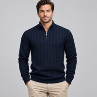Pull à col zippé pour homme FNJIA, bleu marine, tricot texturé, décontracté, pour le bureau, automne, fournisseur en gros de vêtements en tricot personnalisés OEM, Europe