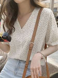 Chemise décontractée Zomerblouse Met Korte Mouwen Voor Dames Chemisier femme manches courtes col V imprimé pois - Product Image 4