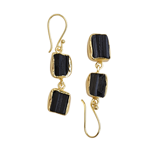 Boucles d'oreilles pendantes en tourmaline noire semi-précieuse plaquée or à double pierre pour la vente en gros, la distribution et l'approvisionnement - Product Image 6