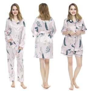 Conjunto de Pijama Corto de Satén Personalizado para Mujer, Estampado Floral, Ribete en Contraste de Lujo, Cintura Elástica, Ropa de Dormir ODM - Product Image 3