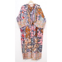 Ensemble de vêtements de nuit en coton indien Two Peace, longueur ras du sol, tissé, coupe trapèze, manches courtes, imprimé sérigraphié, comprenant robe, peignoir et manteau