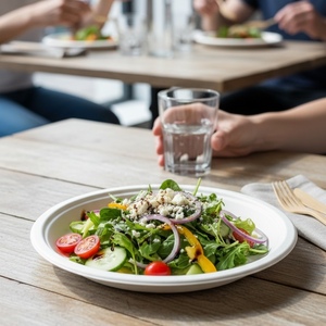 Assiettes rondes en bagasse compostables, écologiques et sûres pour l'emballage alimentaire, idéales pour les restaurants, les fêtes et les plats à emporter. - Product Image 2