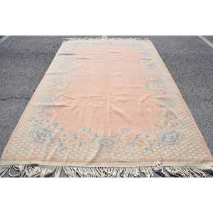 Vintage Turkish Rug Large Rectangle 6.9 X 10.3ft Classic <b>Pink</b> Blue Patchwork Design <b>Wool</b> Latex Abstract Hallway Room Rug - Product Image 1