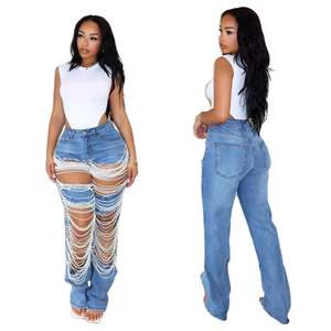 Nouveau pantalon en jean taille moyenne de haute qualité pour femmes à la mode, style droit de grande taille avec chaîne de perles déchirée, design maigre - Product Image 1