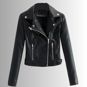 Chaqueta de cuero de piel de cordero negra elegante y ajustada para mujer, diseño de Moto clásico de cuero genuino suave para otoño - Product Image 1