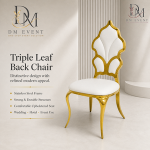 Silla de Recepción para Bodas de Acero Inoxidable Dorado con Respaldo de Medallón Ornamentado y Cojín Blanco para Salones de Banquetes, Venta al Por Mayor - Product Image 1